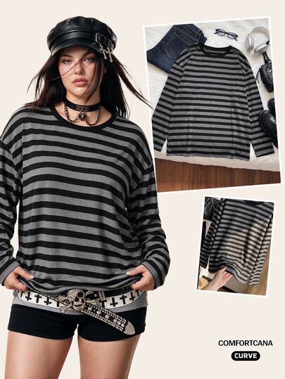 Comfortcana Plus Size Striped Colorblock Casual Daily Long Sleeve T-Shirt