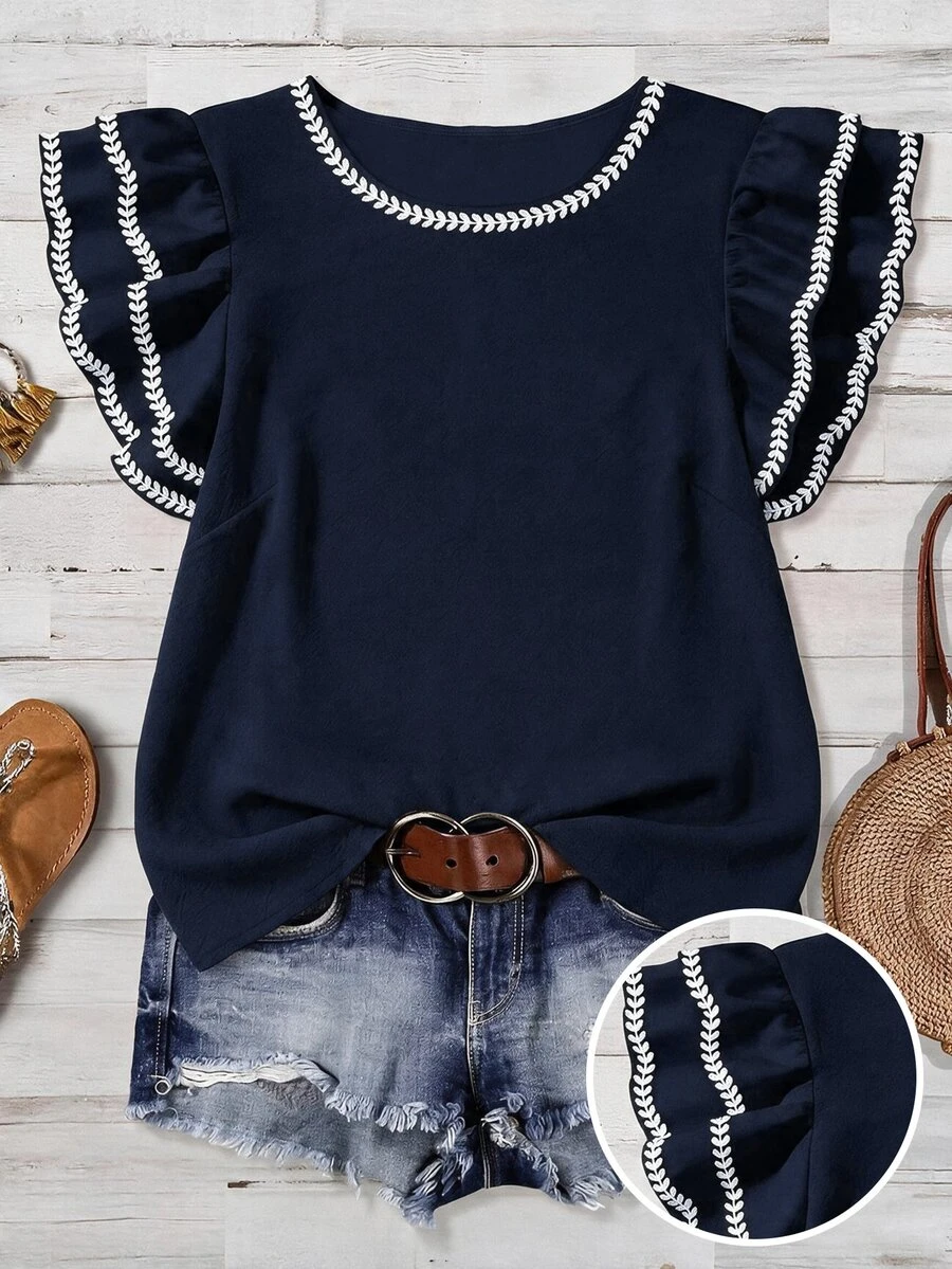 Mellowie Plus Size Women's Round Neck Contrast Color Casual Versatile Daily Wear Shirt - Navy Blue - View 1
