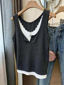 INAWLY Tank Top 2-in-1 Kancing Patchwork Renda Ukuran Plus - Dark Grey - View 1