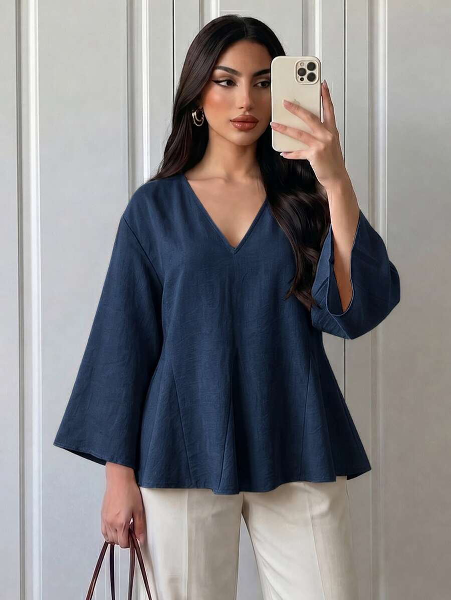 Elenzga 女款純色V領休閒百搭日常穿著襯衫 - 藏蓝色 - 查看 1