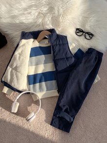 SHEIN 3pcs/Set Young Boy Autumn/Winter Cute Casual Versatile Fleece Lined Thick Vest Jacket, Khaki Striped Sweatshirt, Tracksuit Joggers Long Pants, Suitable For Indoor, Outdoor, Daily, Sports, Play, Party, Photo, Vacation, Holiday - Navy Blue - View 7