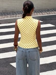 Muchica Women's Sleeveless Jacket With Yellow Base And Polka Dot Pattern Night Out Autumn Vintage 90s - Pale Yellow - View 2