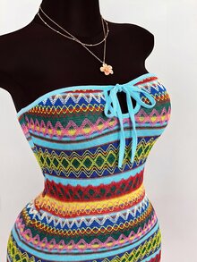 Amplova 波希米亞風紋理布料鏤空胸前綁帶緊身迷你洋裝 - 彩色 - 查看 5