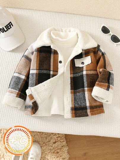 SHEIN Young Boy Casual Sports Academy Style Korean All-Match Versatile Plaid Lambswool Fabric Thick Jacket Coat Suitable For Autumn/Winter