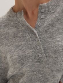 MUSEYN Grey Knit Ribbed Hem Long Sleeve Button Sweater - Khaki - View 6