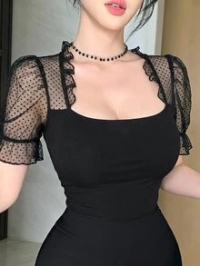 DAZY 春夏黑色蕾絲飾邊拼接短版上衣，情人節婚禮宴會舞會晚禮服，時尚派對修身優雅通勤透視網紗短袖女款上衣 - 黑色 - 查看 7