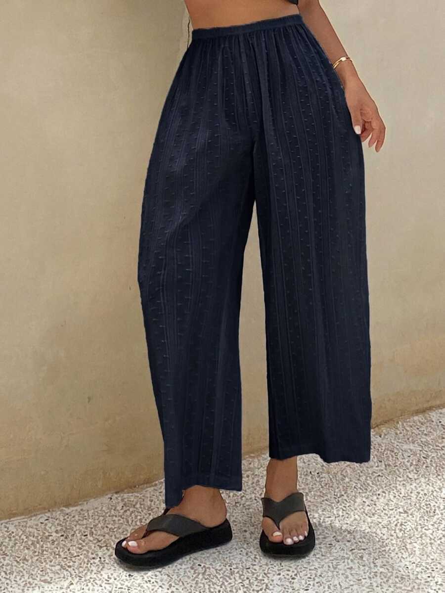 Livesso Women's Loose Solid Color Textured Fabric Pajama Bottoms For Spring Summer Autumn Vacation - Navy Blue - View 1