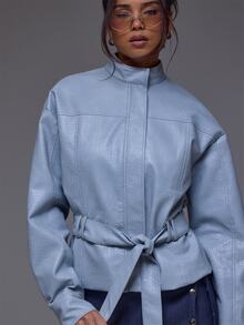 MUSERA Chaqueta de cuero PU con cuello de embudo, mangas de barril y cintura con lazo, para invierno y otoño, casual de uso diario y para salir, estilo cool Weekdaze - Crema - Ver 5