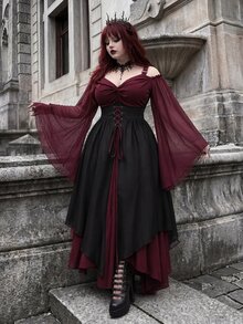 Whyspr Goth Plus Size Halloween Burgundy Patchwork Asymmetrical Hem Witch Camisole Tie-Up Dress - Multicolor - View 5