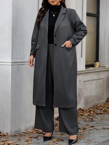 Chikora Plus Size Women Solid Color Long Sleeve Jacket And Pants Casual Commute Suit Set - Dark Grey - View 2