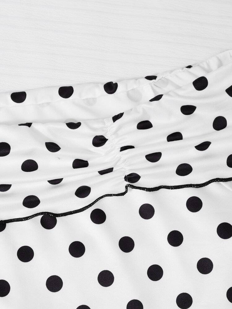 SHEIN 2pcs Set Teen Girl Off-Shoulder Pleated Long Sleeve Polka Dot T-Shirt Solid Color Long Skirt All Black Party Birthday French Princess Autumn - White - View 5