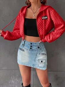 SHEIN EZwear 字母圖案落肩抽繩短版連帽衛衣，秋冬長袖上衣 - 紅色 - 查看 3