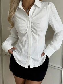 SHEIN EZwear 女款素色百褶休閒百搭日常出遊襯衫 - 彩色 - 查看 4