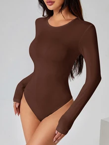 SHEIN PETITE 純色長袖修身白色T恤連身褲 - 棕色 - 查看 7