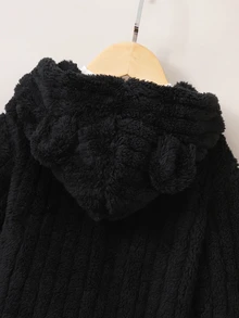 SHEIN 女童秋冬休閒卡其色豹紋毛絨拉鍊連帽開襟外套，緹花細節設計 - 黑色 - 查看 5