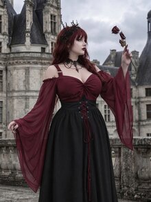 Whyspr Goth Plus Size Halloween Burgundy Patchwork Asymmetrical Hem Witch Camisole Tie-Up Dress - Multicolor - View 1