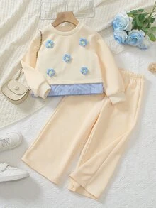 Elladie kids 女童韓系活力寬鬆灰色花卉衛衣 2合1蝴蝶結圖案 2件套 - 卡其色 - 查看 3