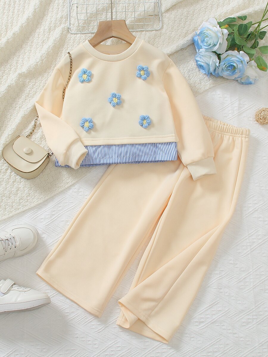 Elladie kids Girls Korean Style Energetic Loose Gray Floral Sweatshirt 2 In 1 Bow Pattern 2 Pieces Set - Khaki - View 1