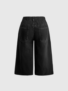ROMWE Grunge Punk Punk Street Style Plus Size Women's Denim Shorts With Rivet Decor, Distressed Ripped Wide Leg 7-Point Pants, Rock Outfit - Black - View 2