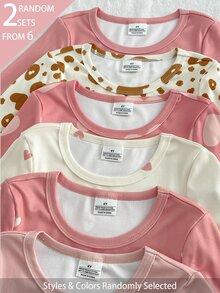 Snug Fit Pajamas For Young Girl, 6-Piece Set, Randomly Sent 2-Piece Combination, Featuring Heart And Cat Pattern Design, Loved And Pursued By Children, Made Of Comfortable Soft Skin-Friendly Fabric, Suitable For Children's Home Wear, Bringing Comfortable Sleep And Healthy Growth To Children - Multicolor - View 3