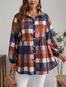 EMERY ROSE Plus Size Women's Plaid Pleated Casual Versatile Daily Wear Shirt Fall - Multicolor - View 2