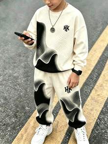 2pcs/Set Boys Abstract Wavy Pattern Letter Print Sweatshirt & Joggers Set, Crew Neck Long Sleeve Pullover Top + Elastic Waist Ribbed Cuffed Long Pants, Thickened Casual Autumn/Winter Outfit For Teen Boys - Multicolor - View 1