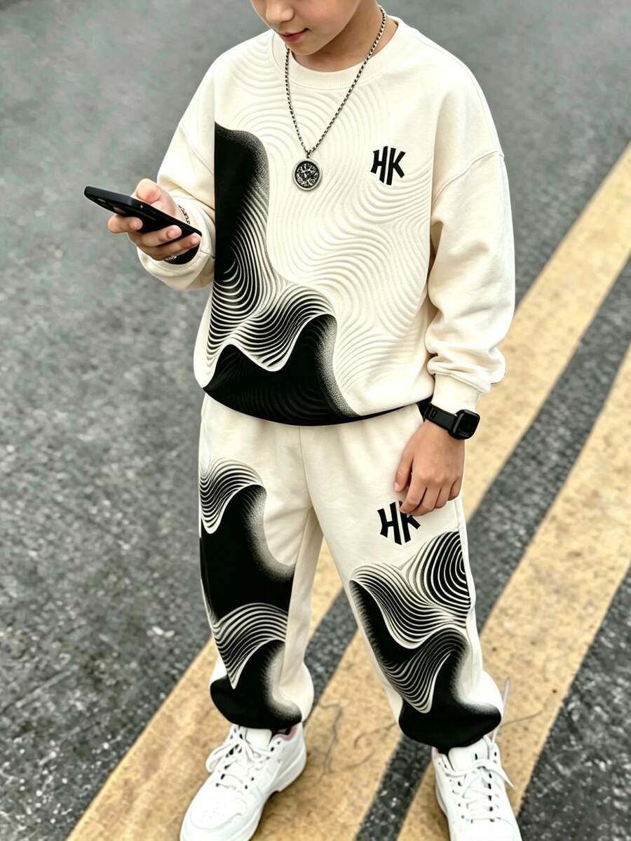 2pcs/Set Boys Abstract Wavy Pattern Letter Print Sweatshirt & Joggers Set, Crew Neck Long Sleeve Pullover Top + Elastic Waist Ribbed Cuffed Long Pants, Thickened Casual Autumn/Winter Outfit For Teen Boys - Multicolor - View 1