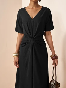Zivah Spring/Summer New Casual Vacation Solid Color Knot Dress - Black - View 5