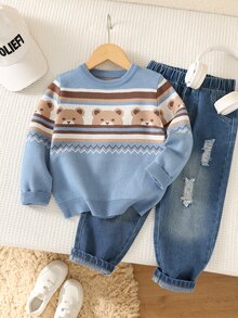 SHEIN Kids Young Boy Casual Versatile Colorful Bear Pattern Soft Comfortable Autumn Sweater - Multicolor - View 3