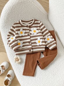 SHEIN Playful Pals 女童秋冬休閒羅紋針織前開扣花卉長袖彈性腰羅紋內搭褲套裝 - 棕色 - 查看 4
