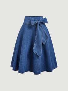 Sweetra Casual Women's Waist Knot Denim Skirt - Blue - View 1