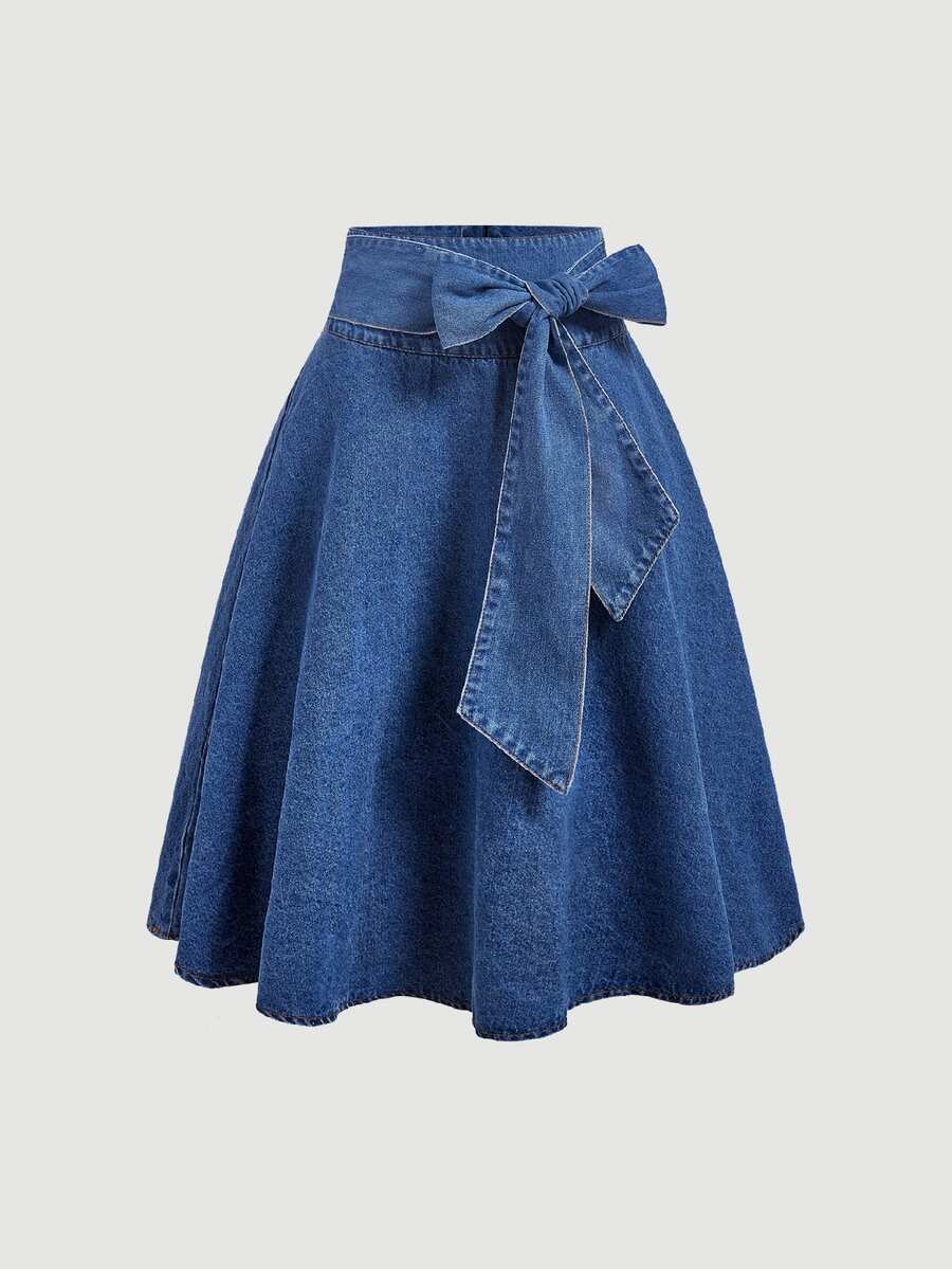Sweetra Casual Women's Waist Knot Denim Skirt - Blue - View 1