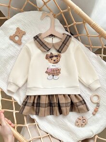 SHEIN Babygirl Cute College Style Casual Cartoon Pattern Collared Autumn Winter Dress - White - View 4