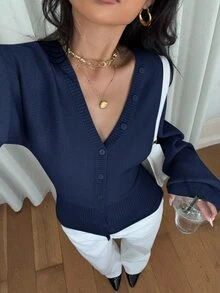 Siren Gaze Women's Solid Color Button Fitted Waist Knit Cardigan, Casual Everyday Wear, Autumn/Winter - Navy Blue - View 4