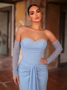 Aureia 優雅女王風華麗珠飾針織拼接抹胸洋裝，收腰百褶修身剪裁，前胸垂墜設計，魚尾裙擺晚禮服，婚禮藍 - 藍色 - 查看 7