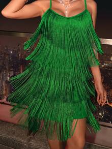 BELROSIE Fringe Trim Cami Dress Holiday Party Dress  - Green - View 3