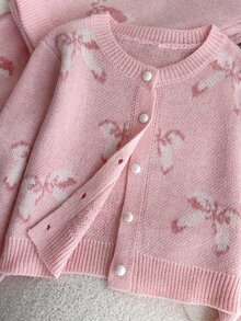 Girls' Autumn/Winter Fashion Casual Heart Pattern Jacquard Knit Sweater Long Sleeve Cardigan And Long Pants Set With Handmade Bow Decor - Dusty Pink - View 6