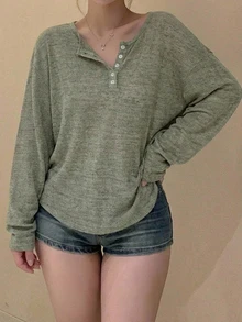 REIGN AVE Floral Yarn Half-Open Front Loose Korean Style Long Sleeve Spring/Autumn New T-Shirt - Army Green - View 3