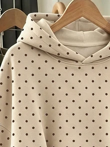青少年女孩休閒時尚波點圖案厚實舒適柔軟連帽衛衣，適合秋冬日常、街頭、戶外、Y2K、運動、校園、返校，甜美少女風 - 白色 - 查看 3