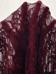 SHEIN LUNE 女款休閒蕾絲夏季度假通勤日常基礎時尚外出穿搭圓領無袖開衩中長洋裝 - 酒紅色 - 查看 7