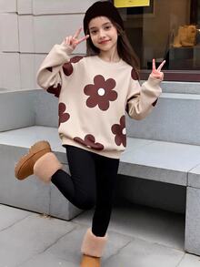 SHEIN 青少年女孩休閒圓領長袖衛衣套裝 - 棕色 - 查看 1