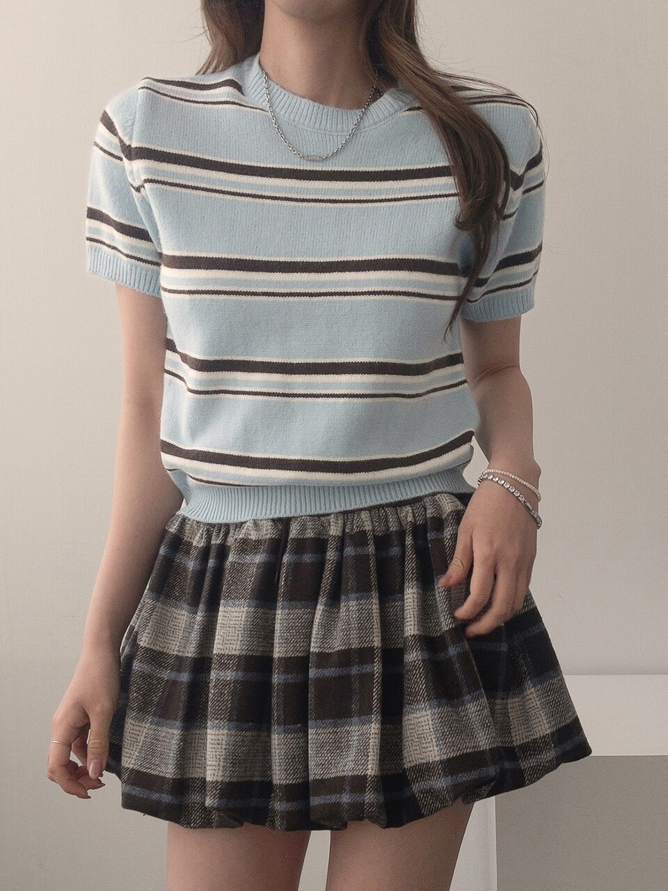 Women's Korean Style Striped Colorblock Short Sleeve Round Neck Knit Top Fall