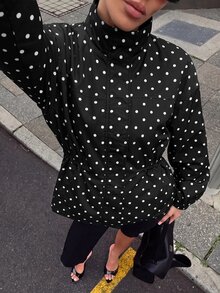 Muchica 女款波點圖案長袖休閒復古百搭夾克 日常旅遊穿搭 黑白配色 秋季 - 黑與白 - 查看 6