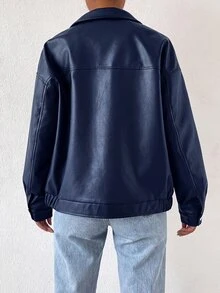 SHEIN EZwear 秋冬款落肩拉鍊PU短版皮夾克 - 藏蓝色 - 查看 2