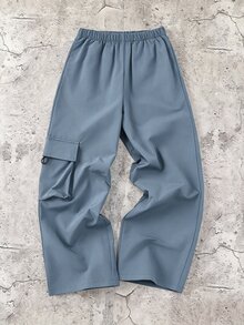 SHEIN 兒童青少年男孩休閒日常舒適工裝直筒寬鬆長褲，霧藍色，新年款，6-7歲適用，適合外出、約會、上學，春夏秋冬四季皆宜 - 霧霾藍 - 查看 5