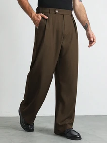 Manfinity Homme 男士大尺碼黑色寬鬆直筒長褲，腰部設計增添活力，適合工作與日常通勤穿著 - 咖啡棕 - 查看 3