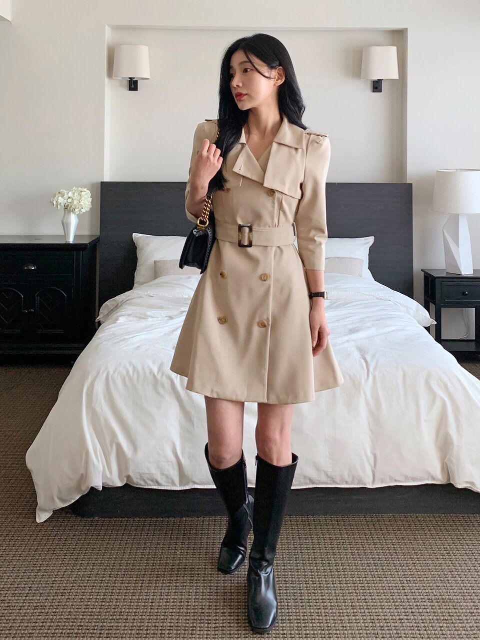 Solid Color Fitted Waist Belt Lapel 3/4 Sleeve Double-Breasted Elegant Formal Vacation Women's Short Dress Fall