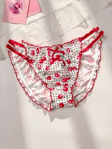 PetitDoll Red Satin Kawaii Cute Coquette Babydoll Lolita Frill Trim All-Over Cherry Print Romantic Plus Size Panties - Red - View 1