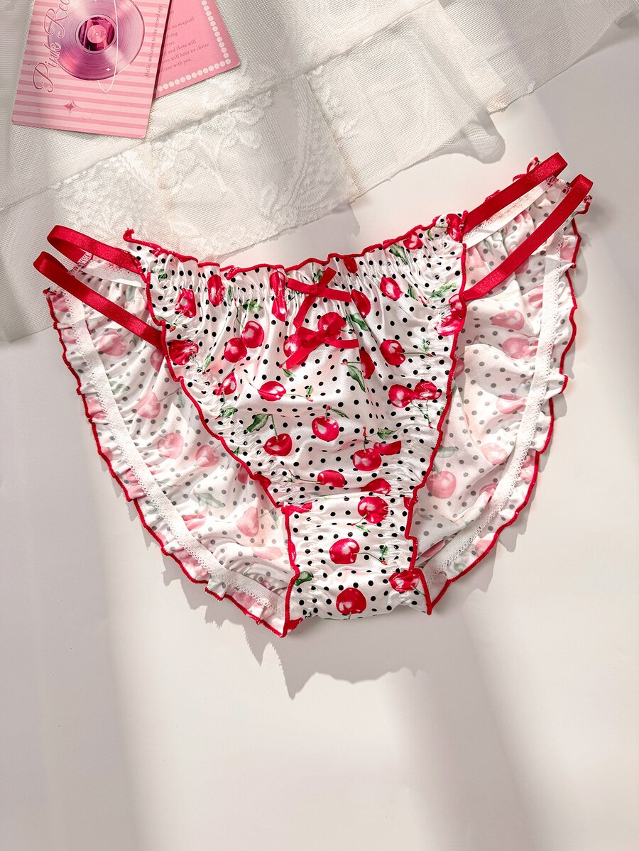PetitDoll Red Satin Kawaii Cute Coquette Babydoll Lolita Frill Trim All-Over Cherry Print Romantic Plus Size Panties - Red - View 1