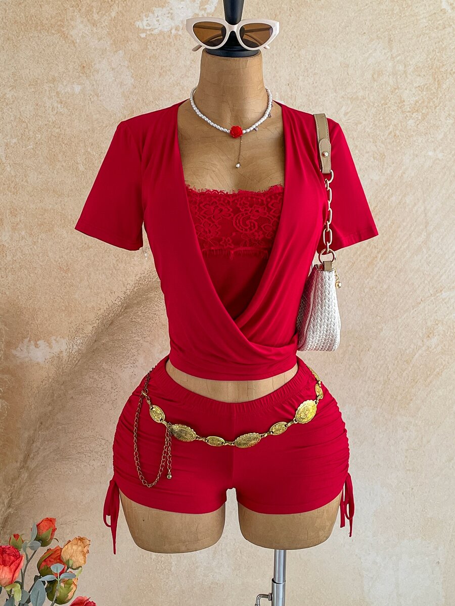 Soleia Women's Lace Patchwork Pleated Top And Tie-Up Shorts Sexy 2 Pieces Set - Red - View 1